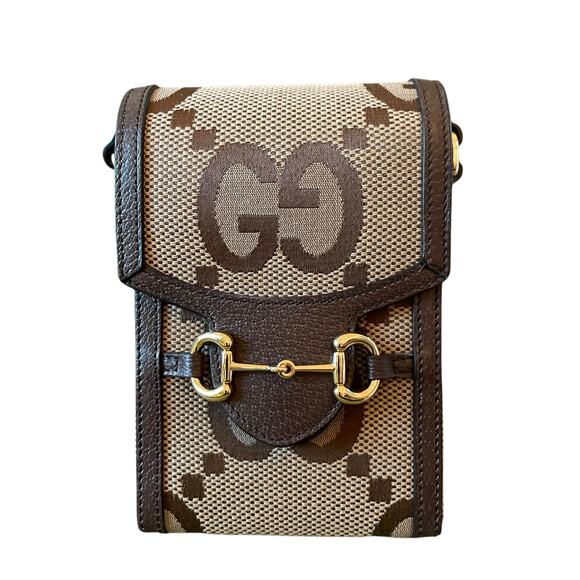 GUCCI Jumbo GG Mini Messenger Phone Bag in Logo Canvas Camel Ebony New - Picture 3 of 16